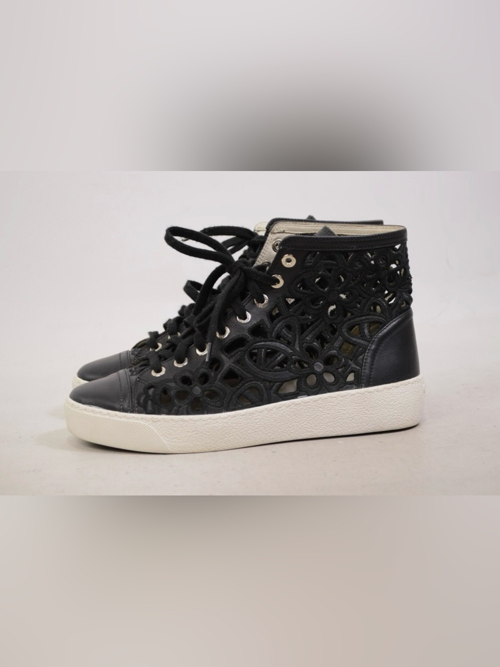 CHANEL Black Laser-Cut High-Top Sneakers with White Sole, US7,5